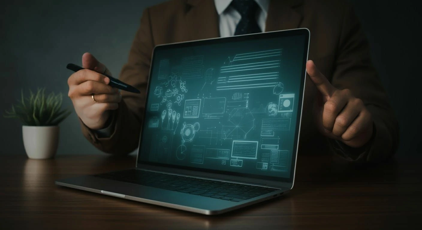 A person working at a laptop at a desk.