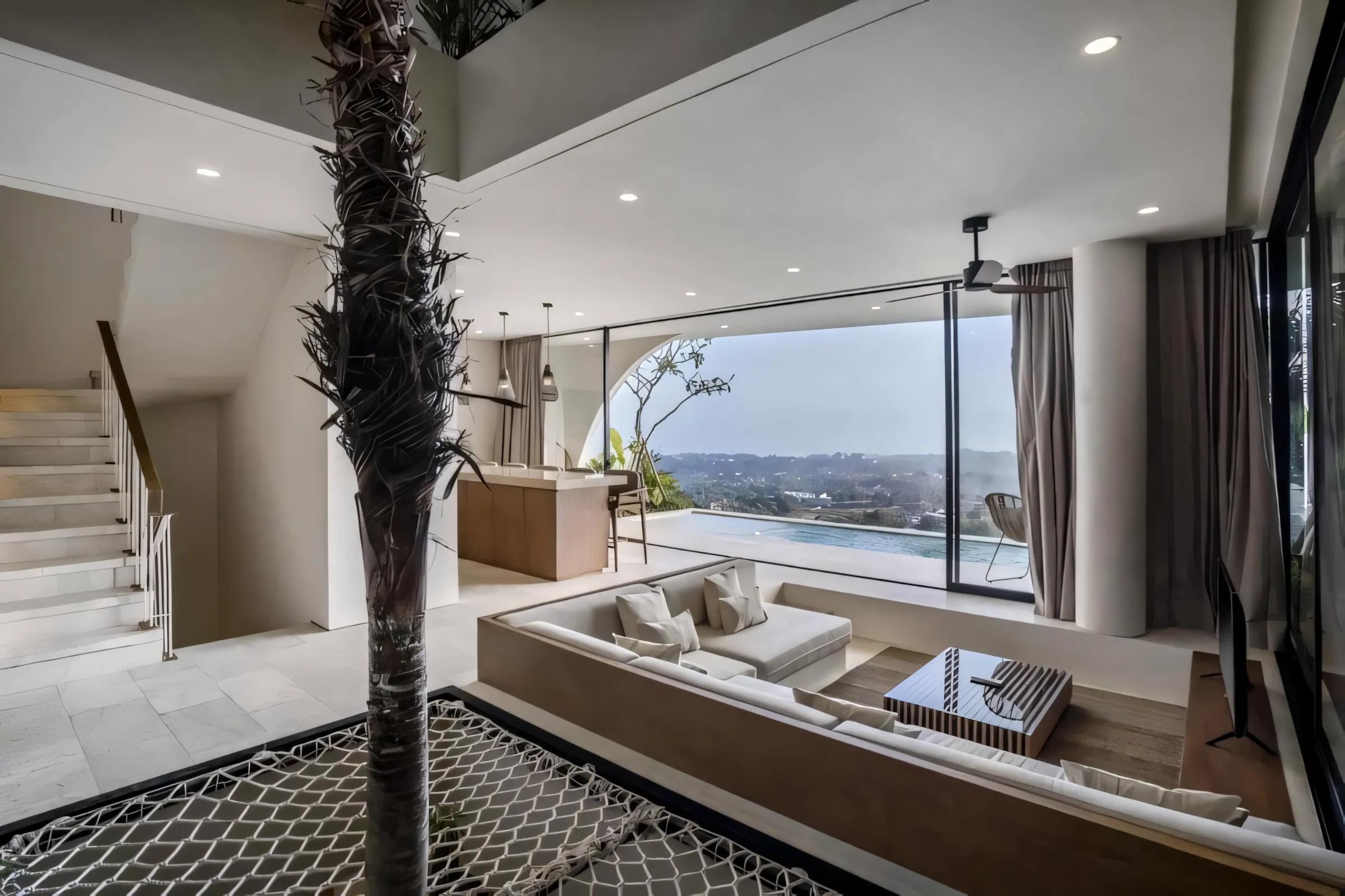 Timber furniture in an open tropical living room