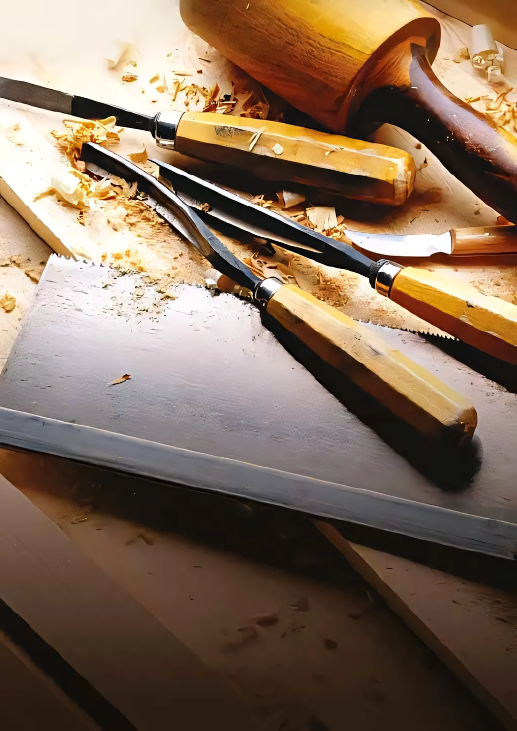 A wooden mallet and carving chisels resting on a workbench.