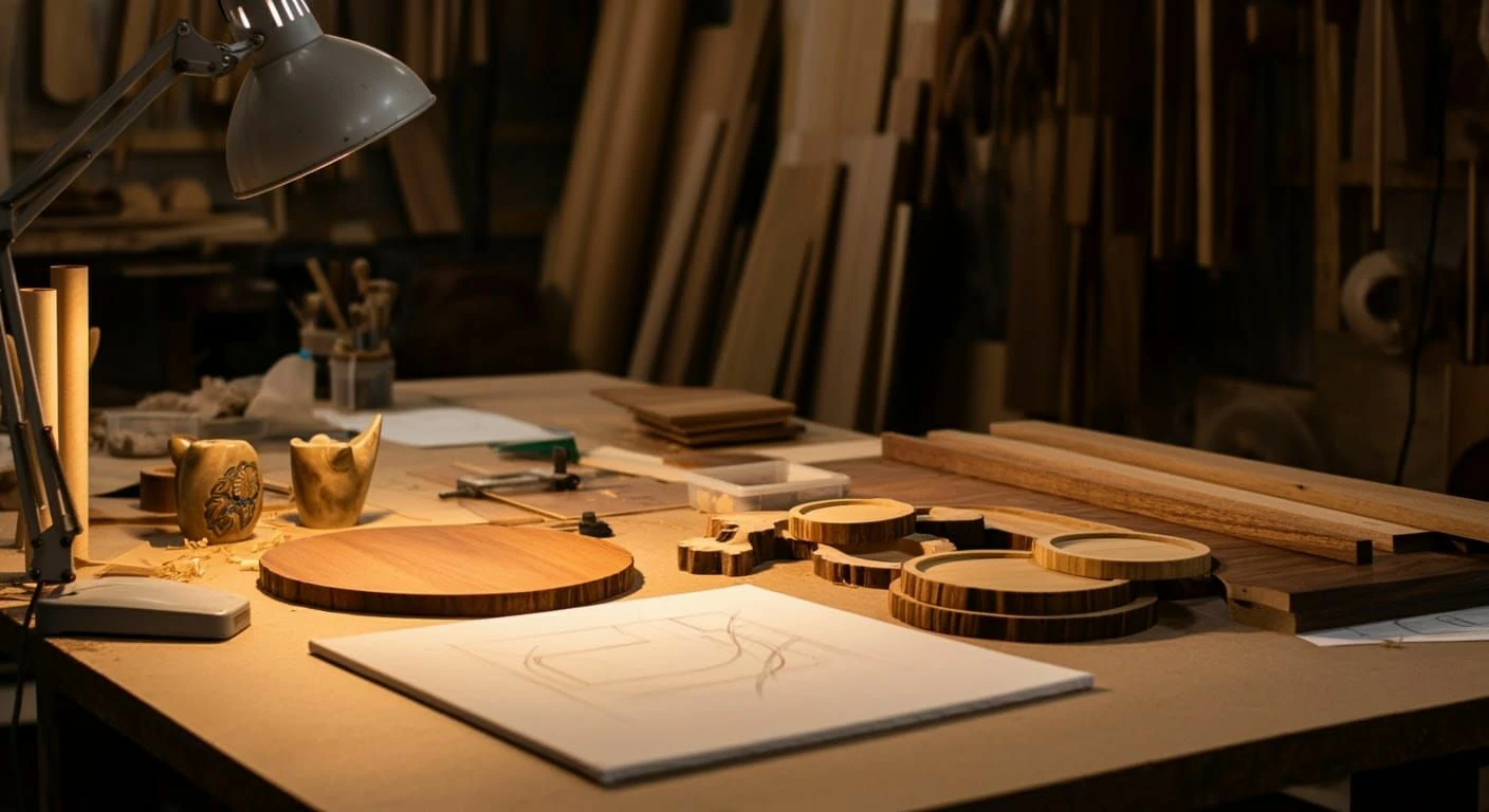 Timber and tools laid out on a design table.