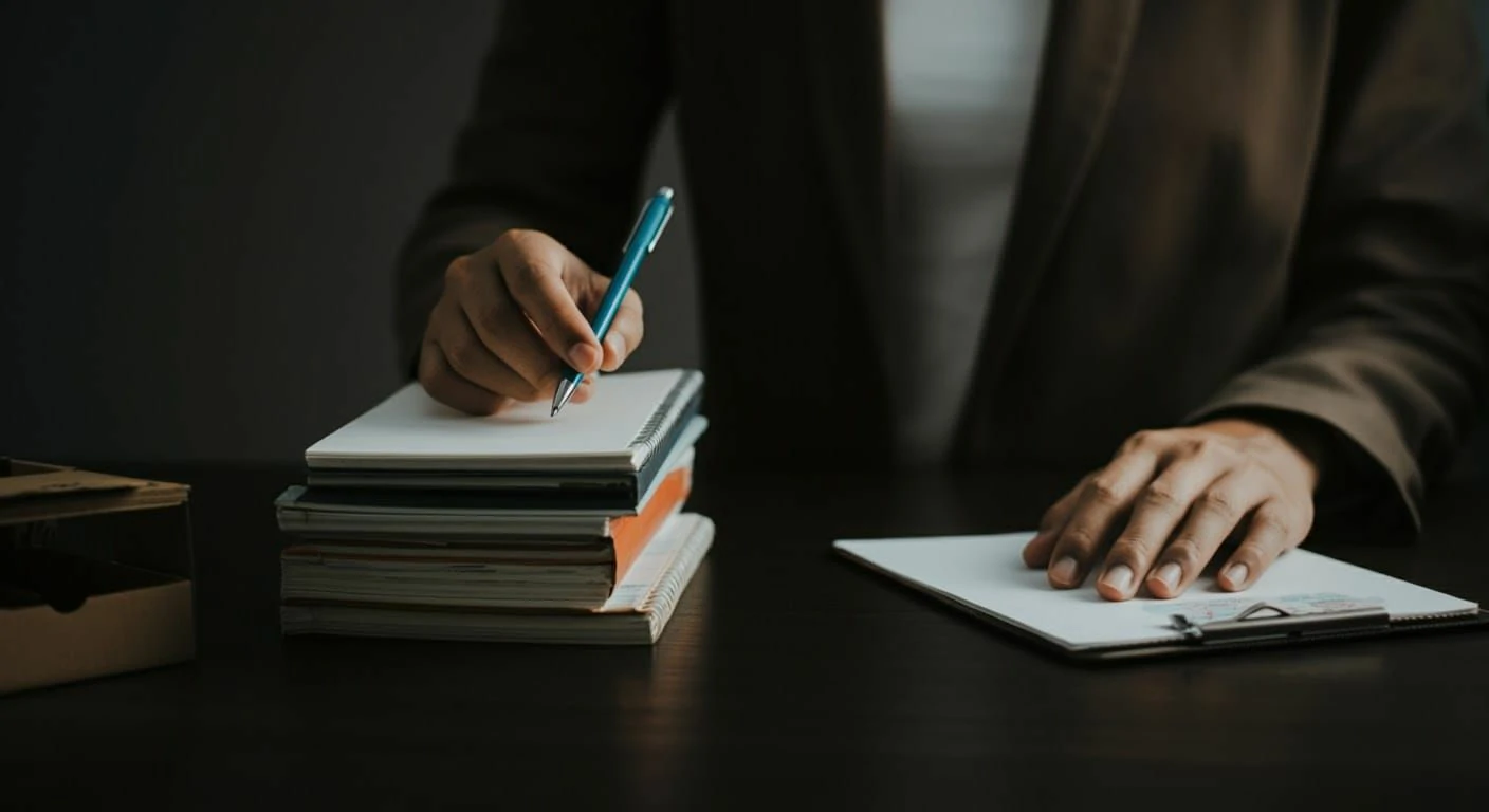 Hands writing notes at a desk.