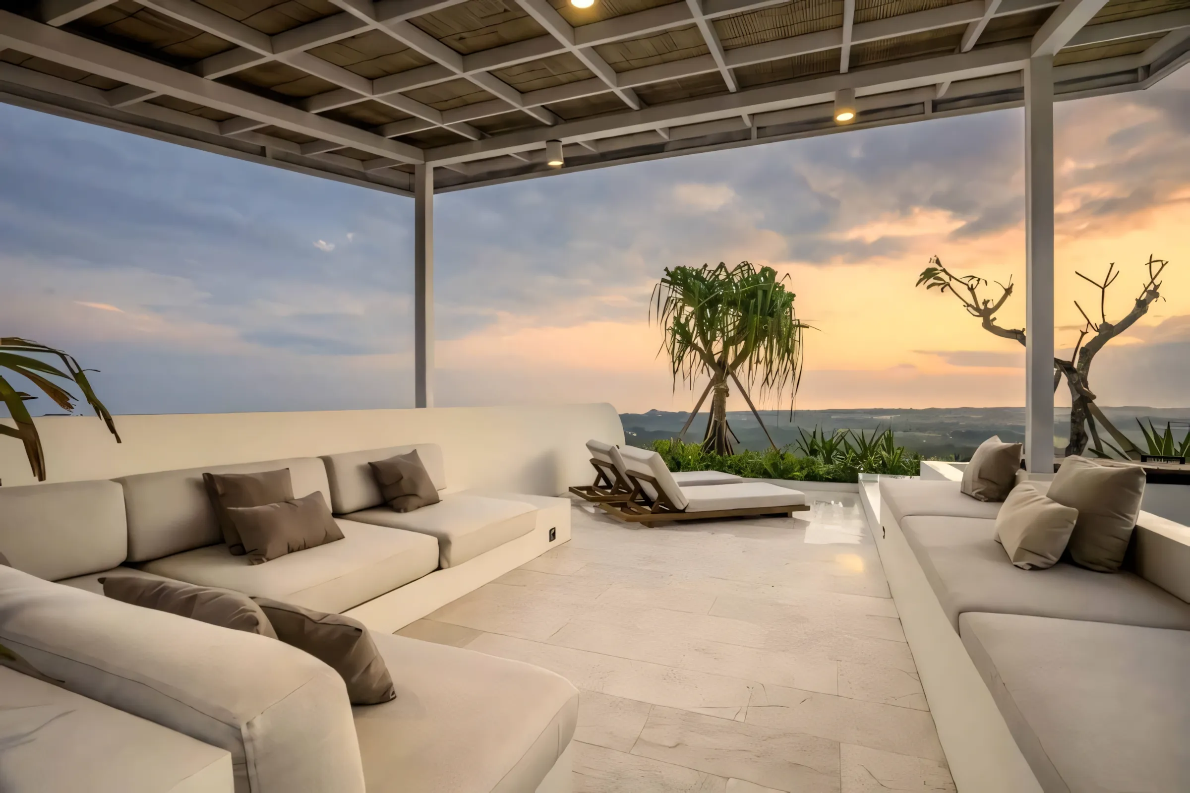 Sunset terrace with a sunken lounge at Kalani Villa, Uluwatu.