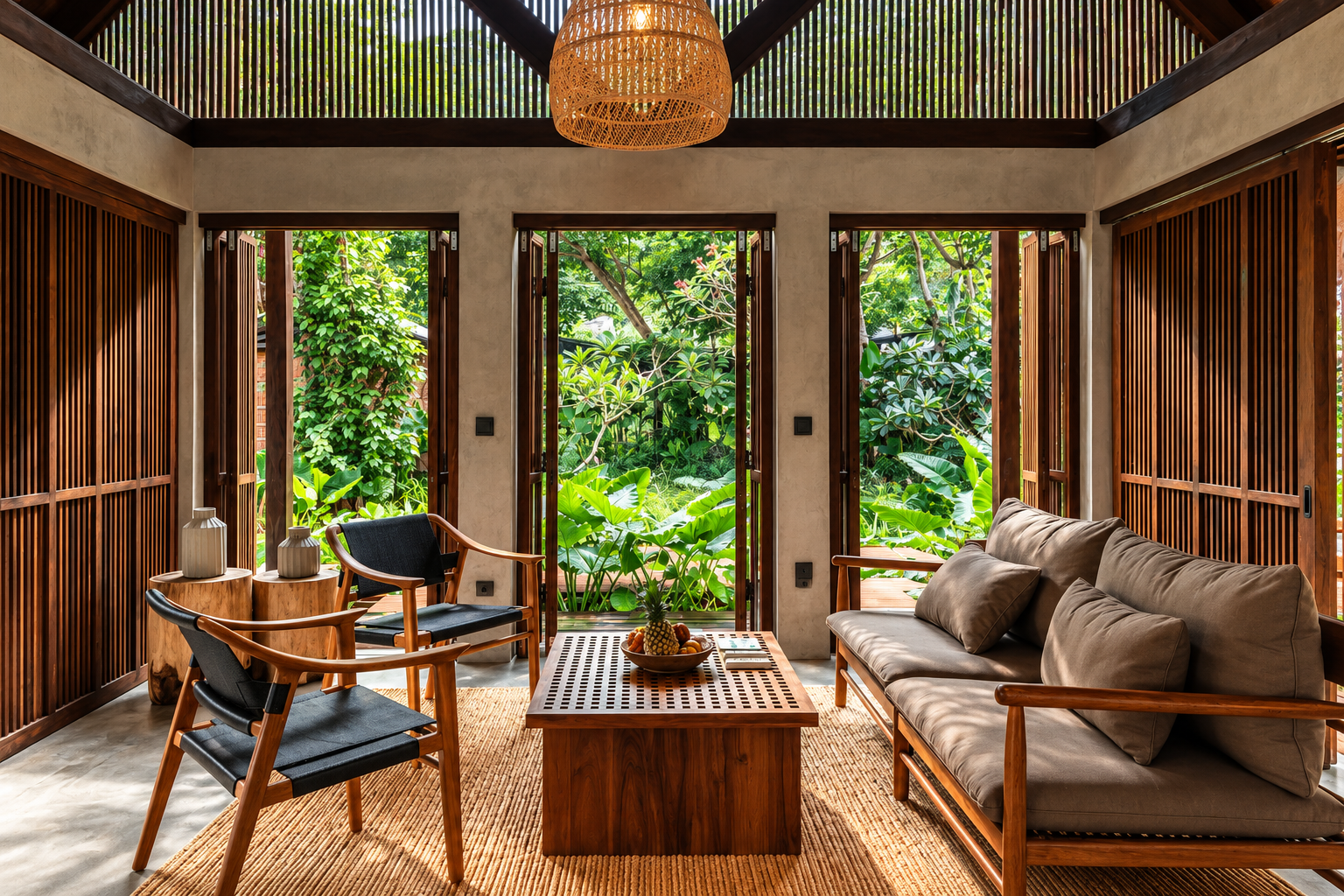 Warm interior showcasing natural materials and Indonesian craftsmanship