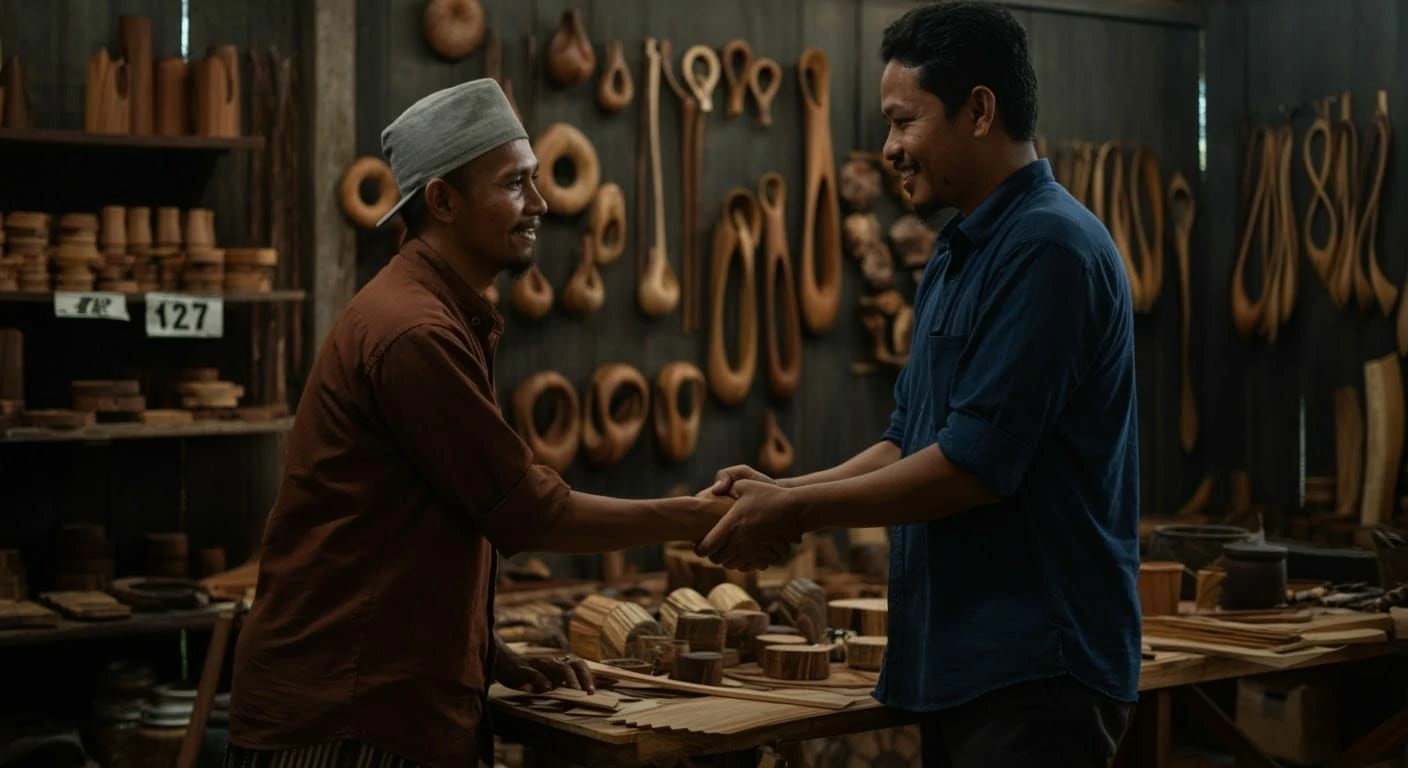 Two men shaking hands in a workshop hung with carving tools.