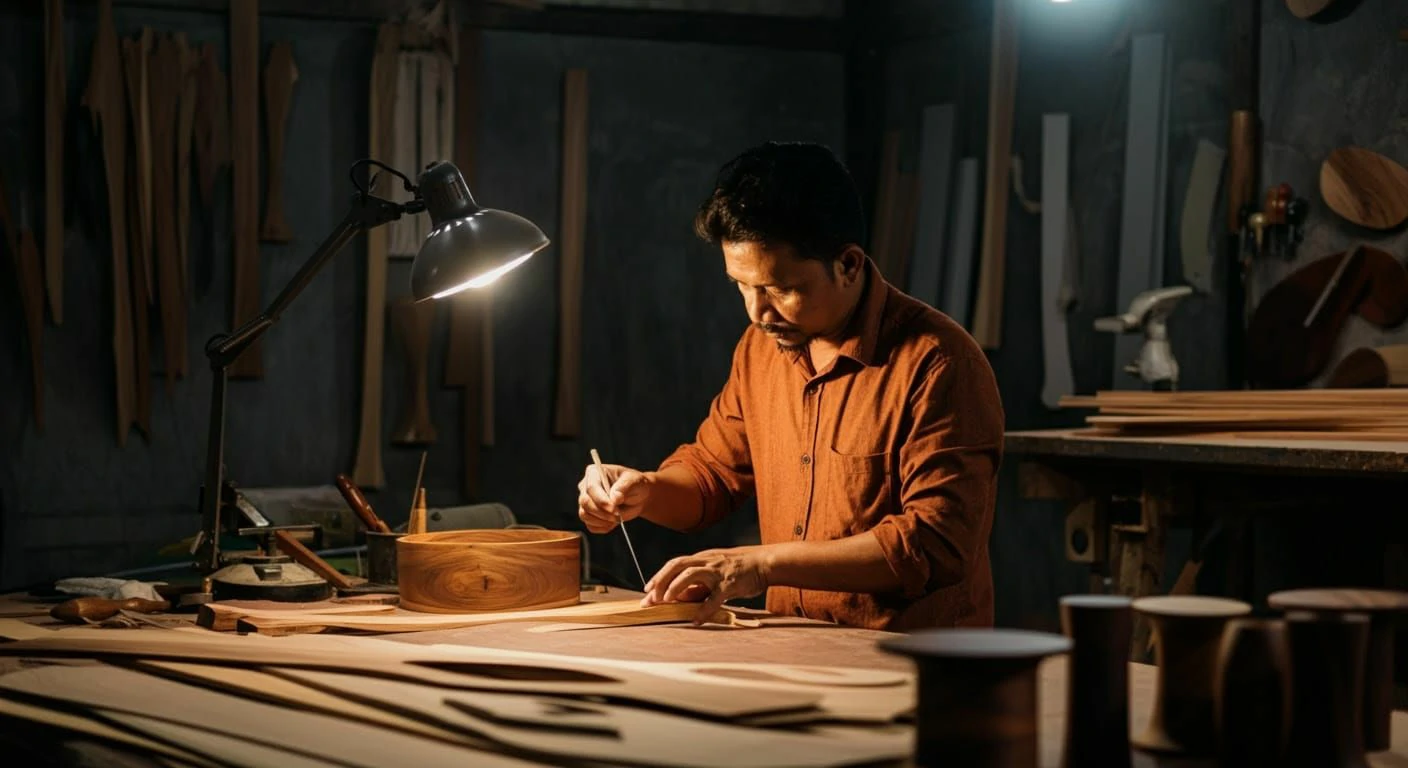An artisan working on a wooden piece at his workbench.