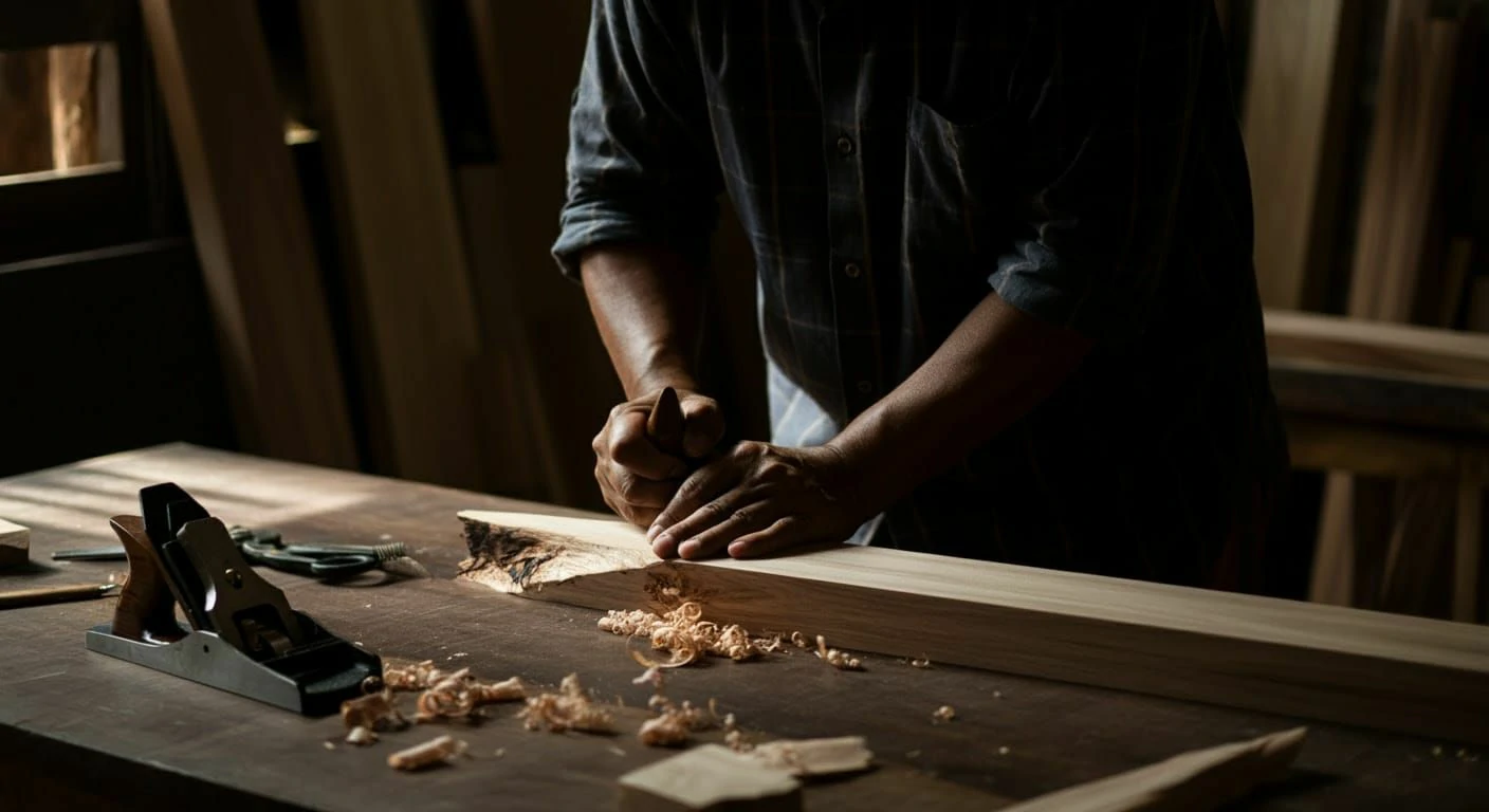 Hands planing a piece of timber on a workbench.