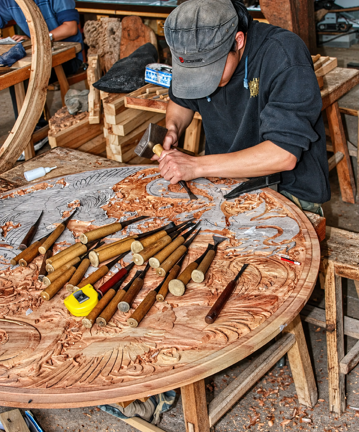 An artisan hand-carving a floral motif into a teak table top at the Yani's Gallery workshop in Yogyakarta.