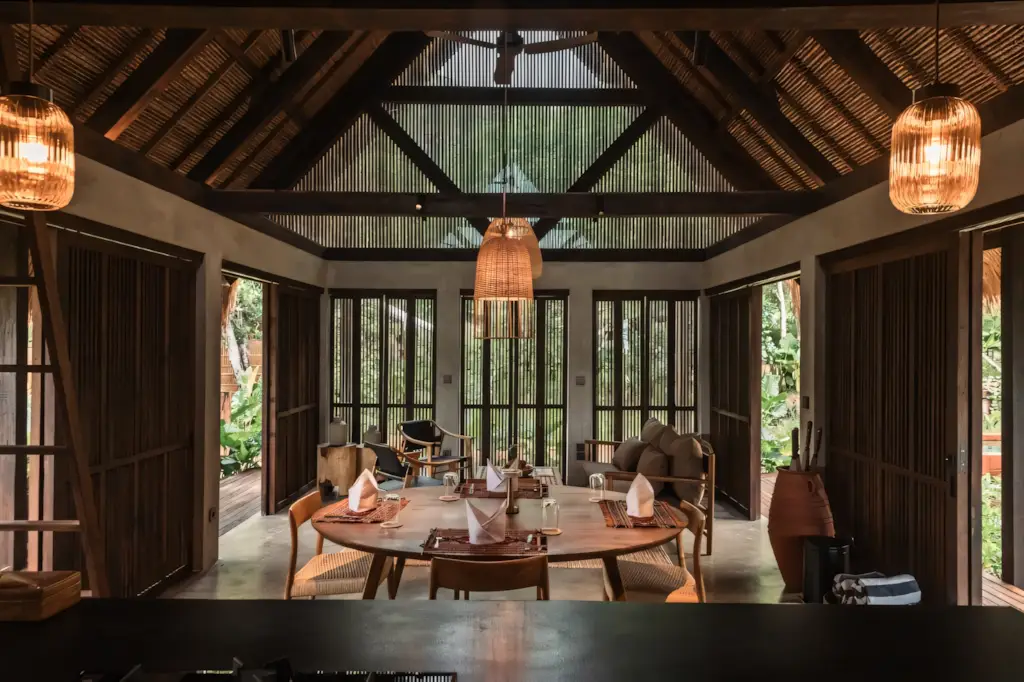 Open timber-and-thatch hall at Tampah Hills, Lombok.